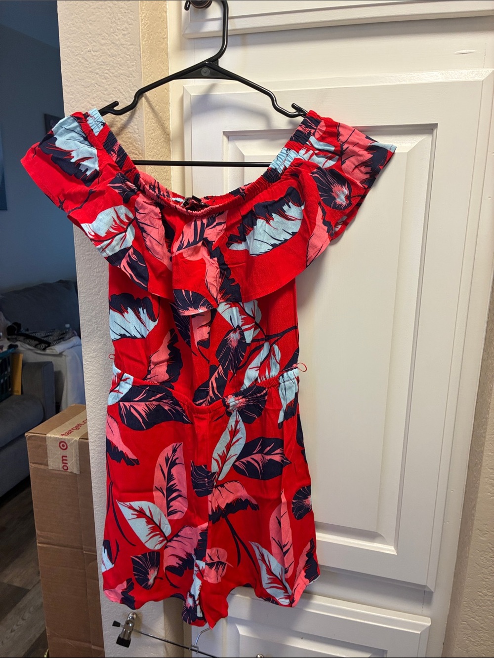 Express Red Off-Shoulder shorts Romper with Leaf Print